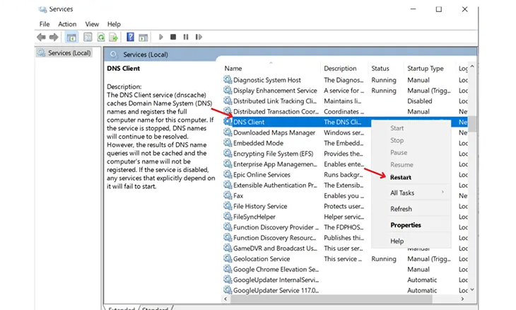 Restart DNS Client máy tính
