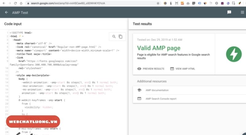 Kiểm tra tính hợp lệ của AMP trên https://search.google.com/test/amp