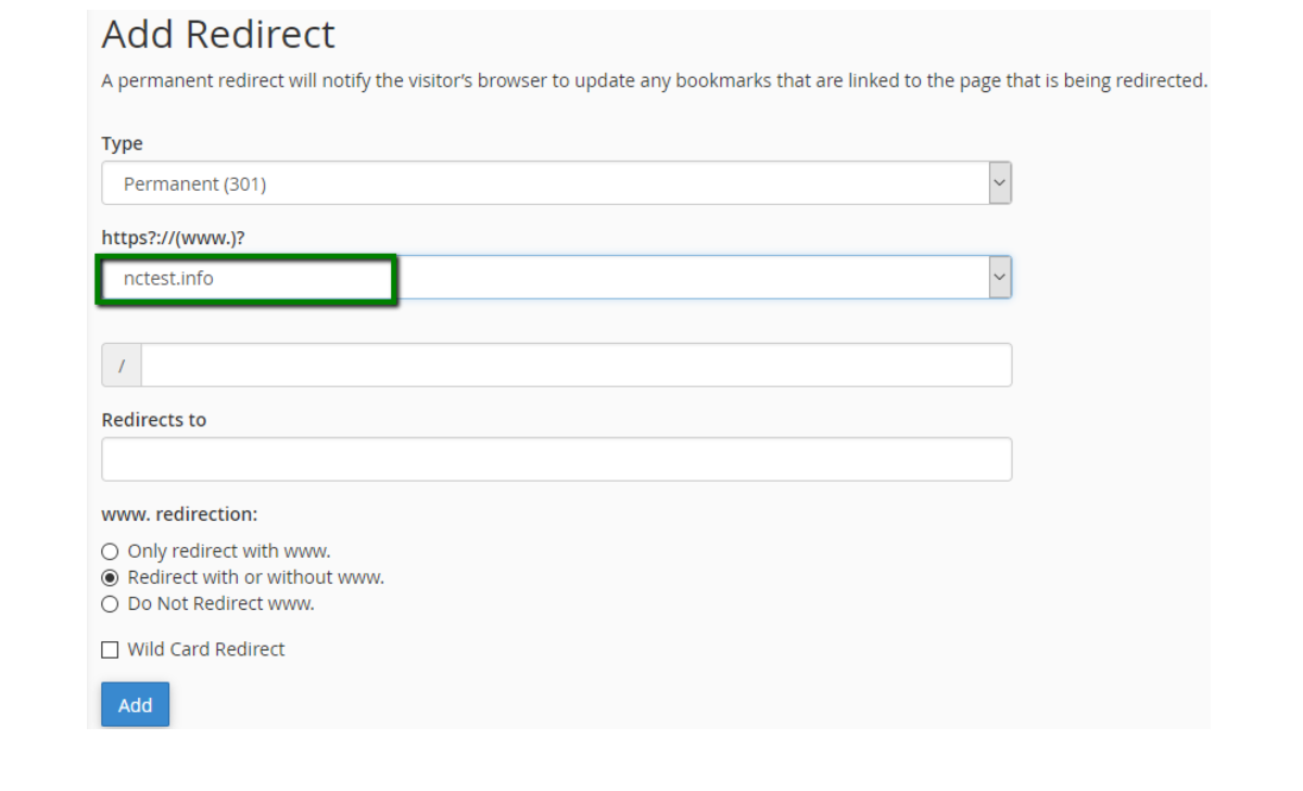 Giao diện thiết lập Redirect trên CPanel