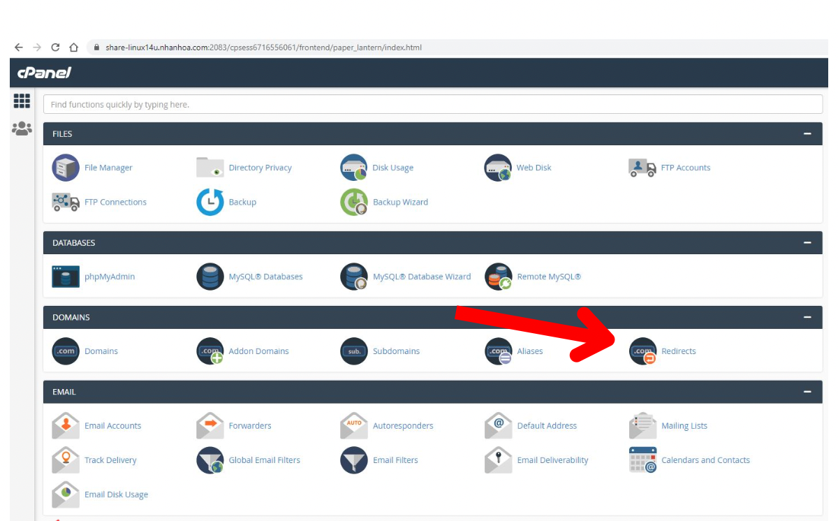 Tìm kiếm tính năng Redirects trên cPanel