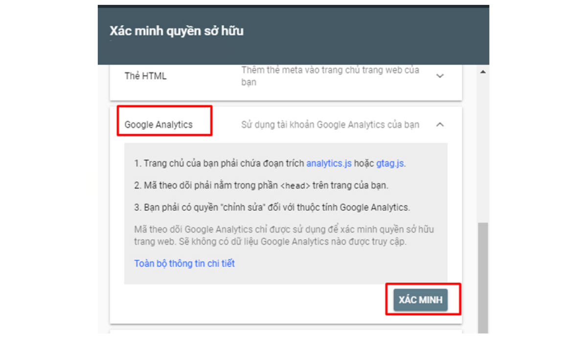 Xác nhận web trên Google Analytics trong cùng một tài khoản đăng nhập Google