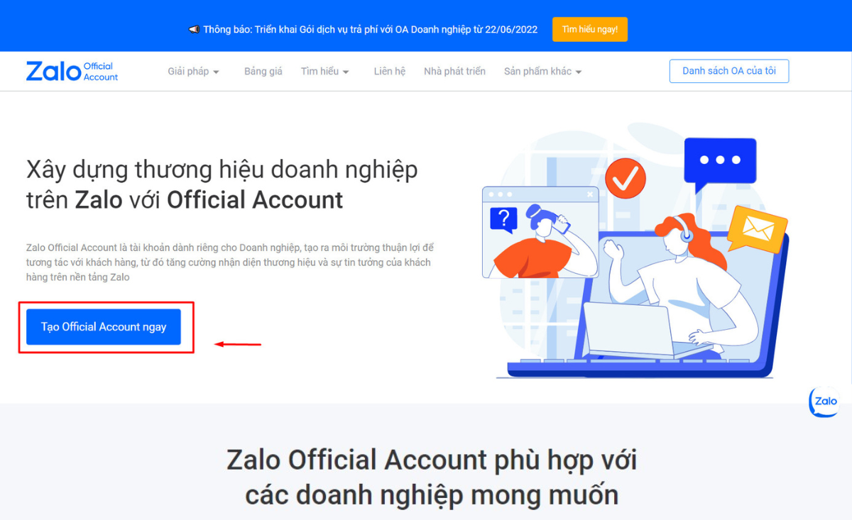 Tạo tài khoản tại Zalo Official Account