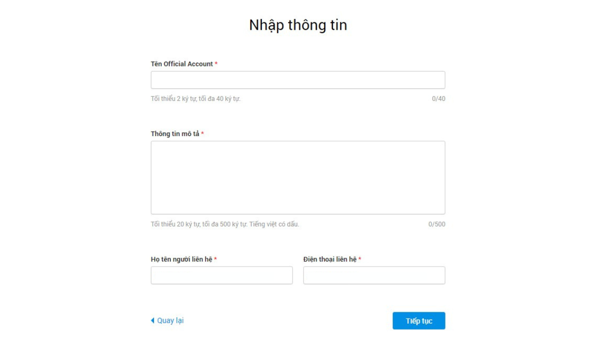 Nhập các thông tin liên hệ cần thiết